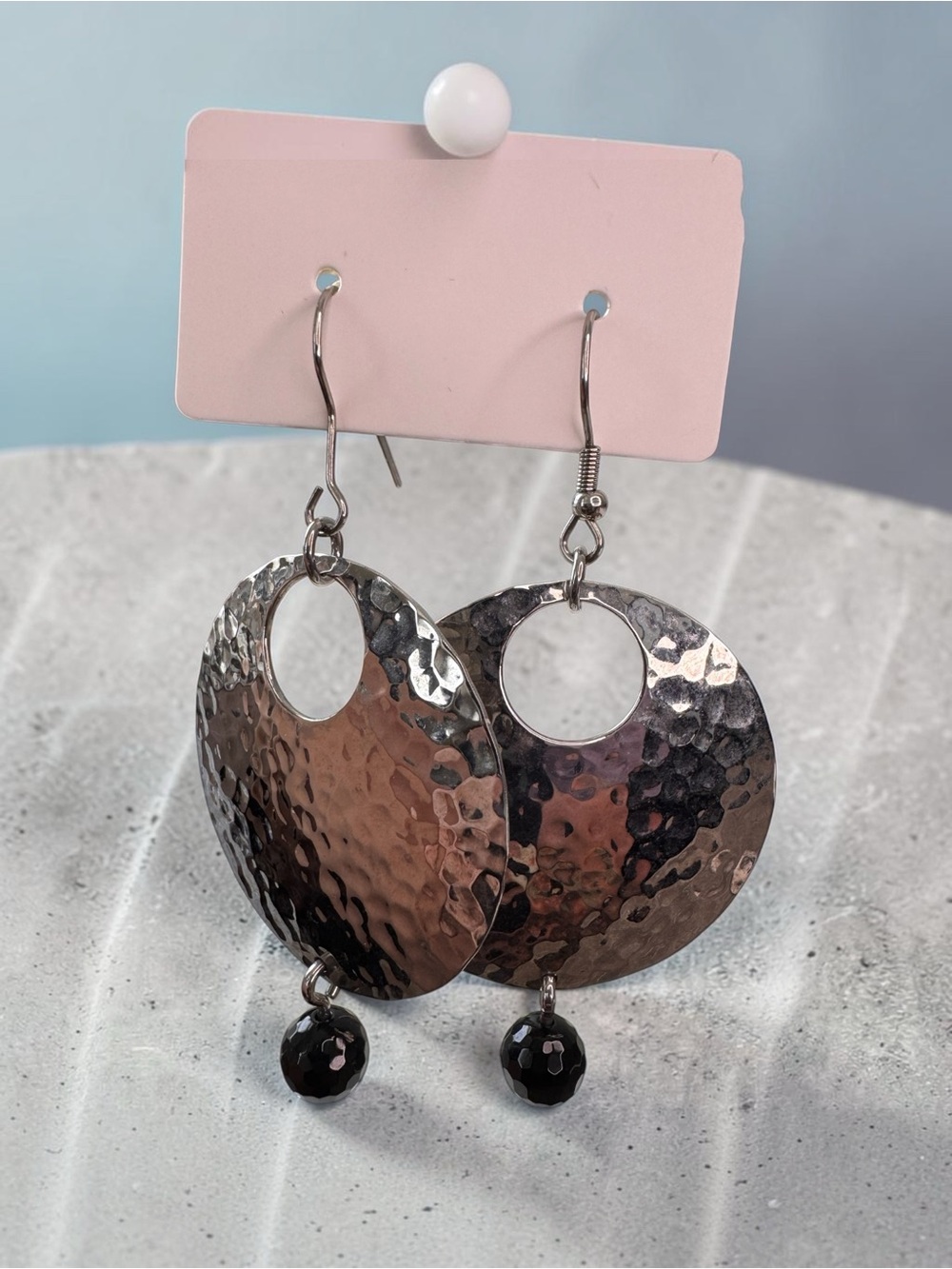 Hammered Disc Dangle Earrings with Black Bead - SKU B